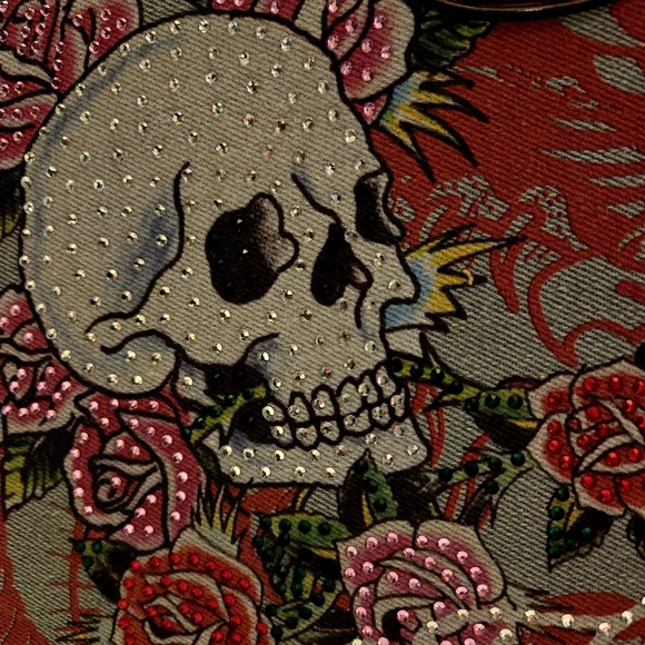 NWT ED HARDY Love Kills Slowly Roses Skull Rhinestone Denim Bag 11"x8.5"x3.5" - Picture 5 of 7
